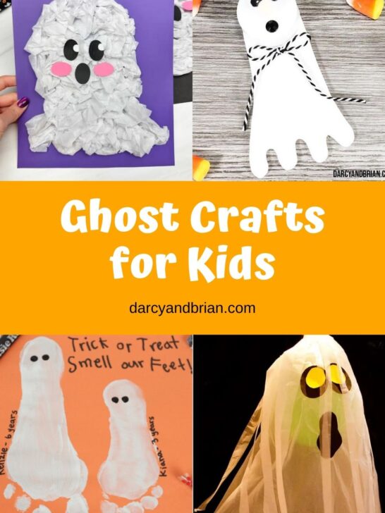 Collage of four different types of ghost-themed craft ideas. Middle has the post title in white text on an orange background.