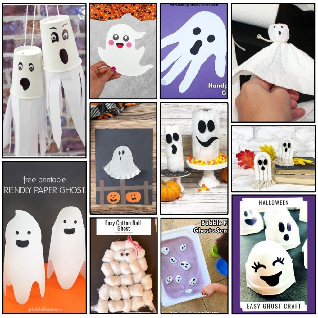 Square collage fo 11 different ghost crafts that kids can make. They are made out of a variety of different materials.