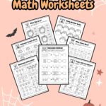 Light orange text says Halloween Math Worksheets on a light pink background decorated with ghosts, spiders, and pumpkins. Preview of seven different pages overlapping each other under the text.