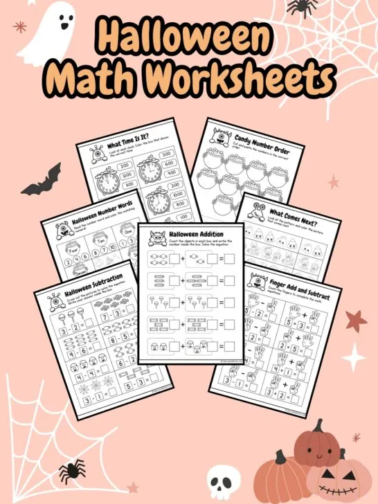 Light orange text says Halloween Math Worksheets on a light pink background decorated with ghosts, spiders, and pumpkins. Preview of seven different pages overlapping each other under the text.