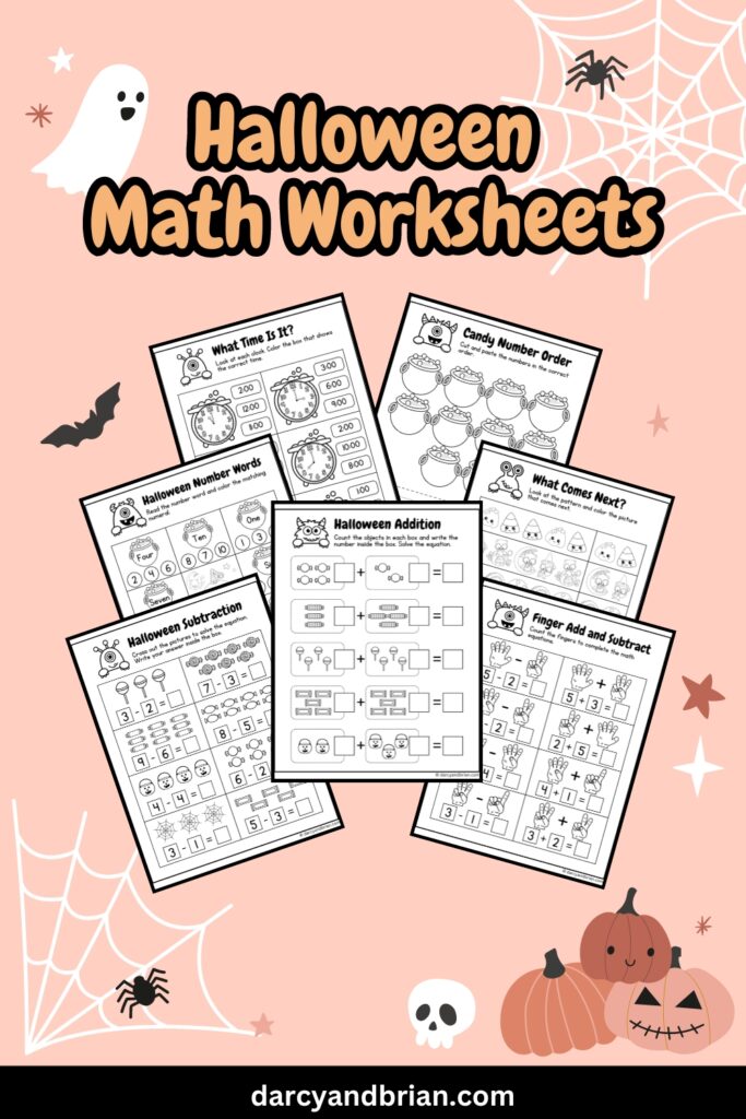 Light orange text says Halloween Math Worksheets on a light pink background decorated with ghosts, spiders, and pumpkins. Preview of seven different pages overlapping each other under the text.