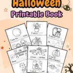 Orange and light purple text says Halloween Printable Book on a light orange background decorated with themed elements. Preview images of pages for the mini booklet are fanned out below the text.