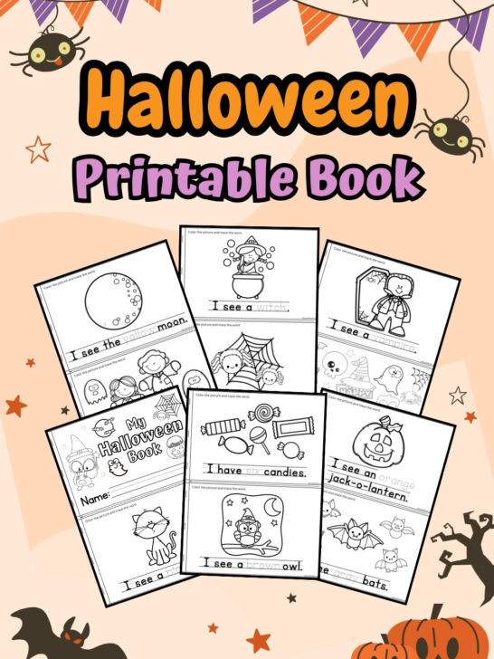 Orange and light purple text says Halloween Printable Book on a light orange background decorated with themed elements. Preview images of pages for the mini booklet are fanned out below the text.