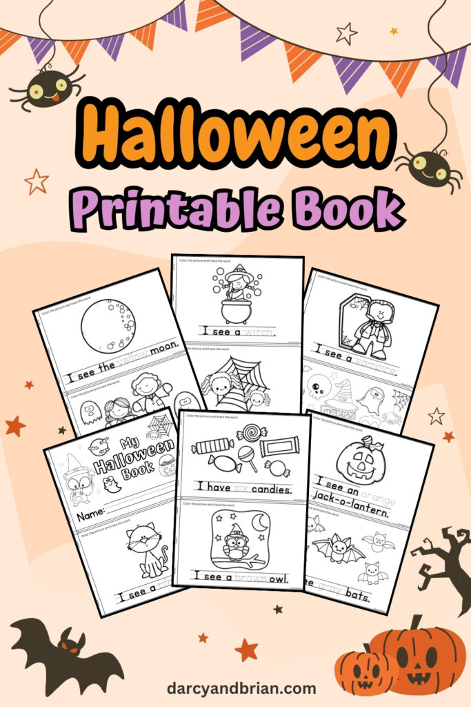 Orange and light purple text says Halloween Printable Book on a light orange background decorated with themed elements. Preview images of pages for the mini booklet are fanned out below the text.