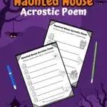 A Haunted House Acrostic Poem worksheet spans two pages, set against a purple background adorned with Halloween-themed designs like bats and haunted houses.