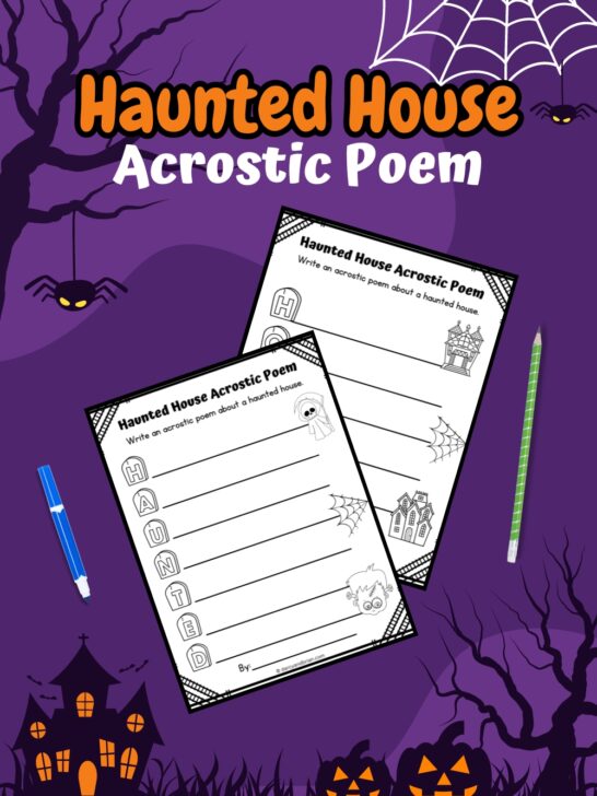 A Haunted House Acrostic Poem worksheet spans two pages, set against a purple background adorned with Halloween-themed designs like bats and haunted houses.