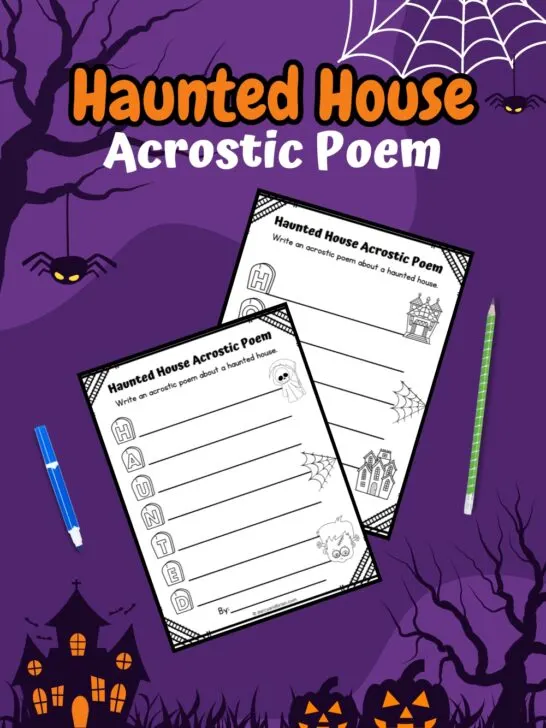 A Haunted House Acrostic Poem worksheet spans two pages, set against a purple background adorned with Halloween-themed designs like bats and haunted houses.