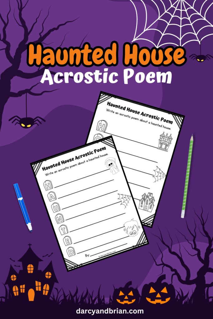 A Haunted House Acrostic Poem worksheet spans two pages, set against a purple background adorned with Halloween-themed designs like bats and haunted houses.