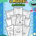 It has all the printable worksheets on the cover page with some cute monster images in a light and dark blue background.