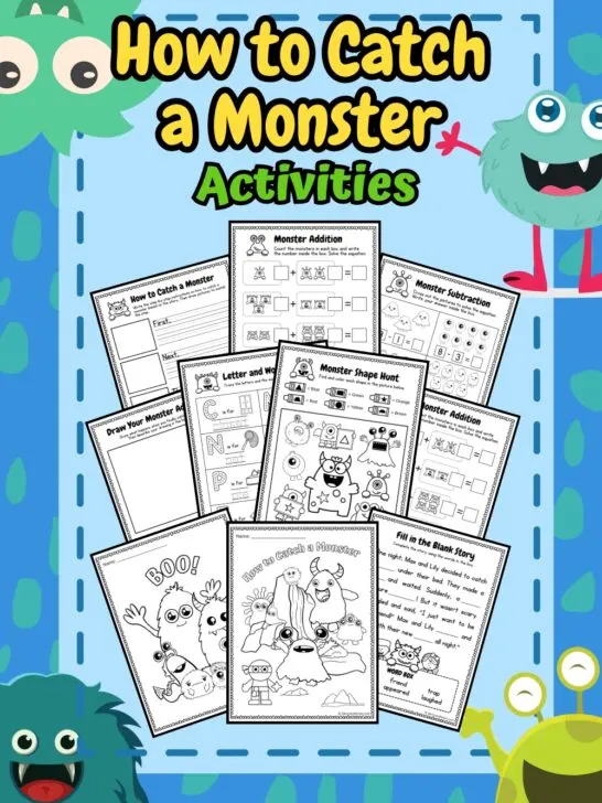 It has all the printable worksheets on the cover page with some cute monster images in a light and dark blue background.