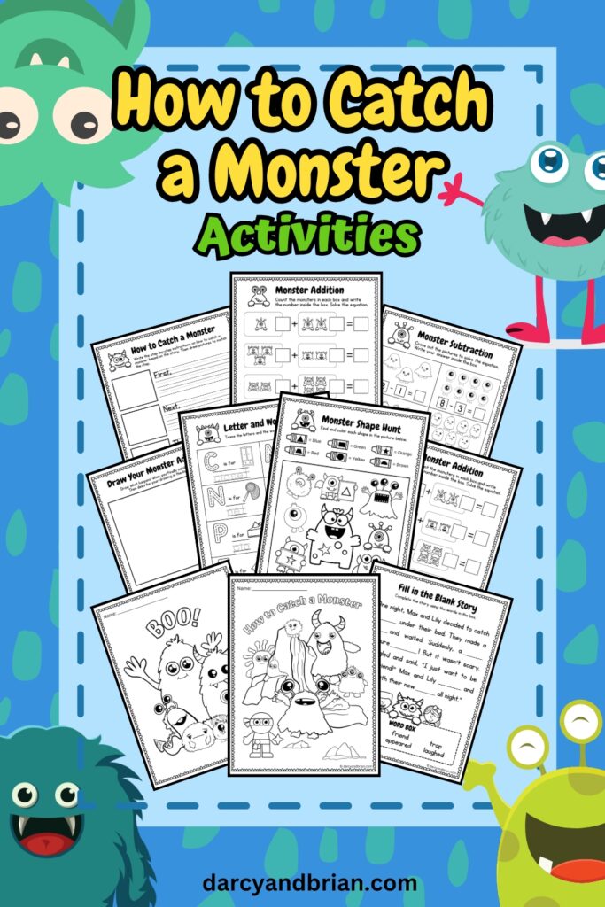 It has all the printable worksheets on the cover page with some cute monster images in a light and dark blue background.