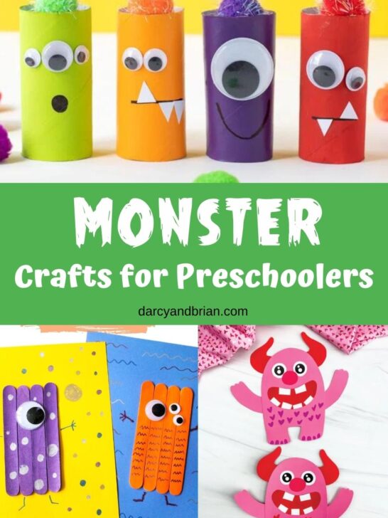 Collage of three different monster crafts for preschool. The top one is made out of cardboard tubes. The bottom left is made using popsicle sticks and paper. The bottom right is made with construction paper.