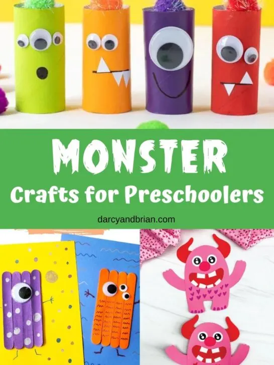 Collage of three different monster crafts for preschool. The top one is made out of cardboard tubes. The bottom left is made using popsicle sticks and paper. The bottom right is made with construction paper.