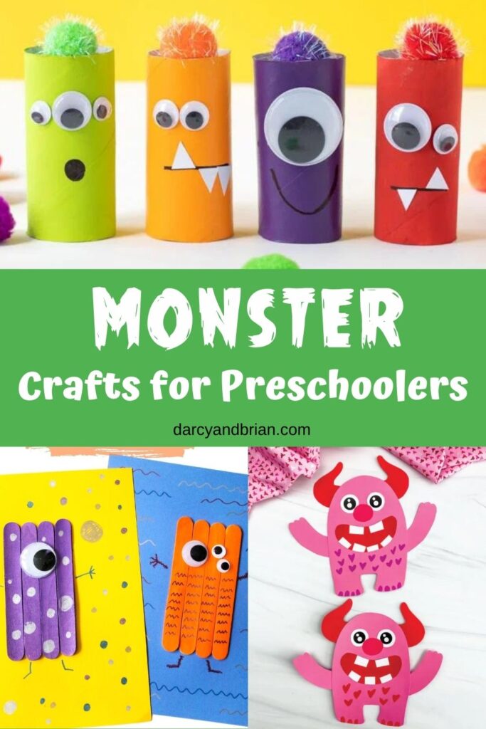 Collage of three different monster crafts for preschool. The top one is made out of cardboard tubes. The bottom left is made using popsicle sticks and paper. The bottom right is made with construction paper.