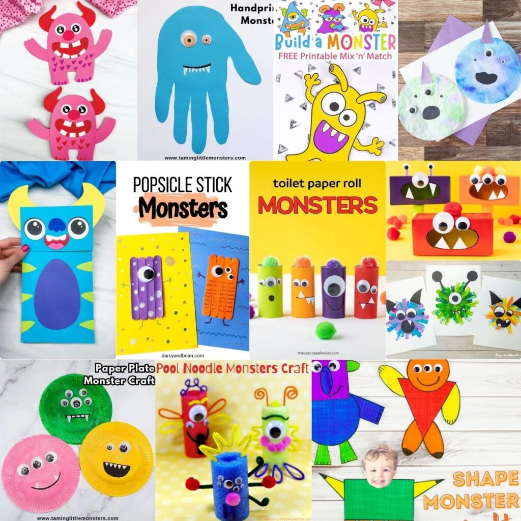 Square collage of 12 different monster preschool craft projects.