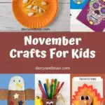 Collage of craft projects featuring pumpkins, turkeys, sugar skulls, and bald eagle. Middle says November Crafts for Kids on brown background.