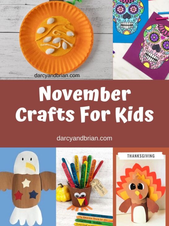 Collage of craft projects featuring pumpkins, turkeys, sugar skulls, and bald eagle. Middle says November Crafts for Kids on brown background.