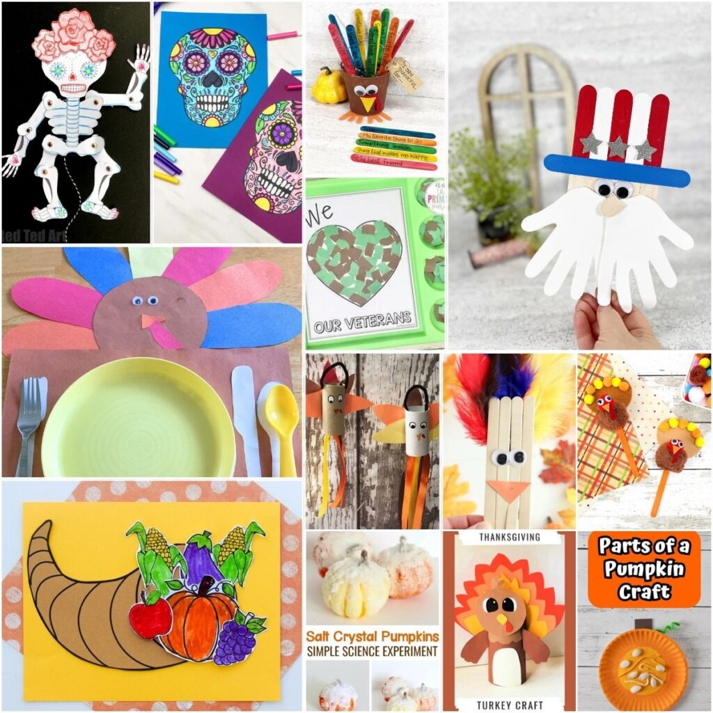 Square collage of a variety of different craft projects kids can make for Veterans Day, Day of the Dead, harvest time, and Thanksgiving.