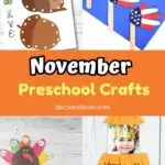 Collage of squirrel lacing cards, handprint flags, name turkeys, and a pumpkin photo craft. The center says November Preschool Crafts across an orange rectangle.