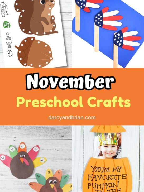 Collage of squirrel lacing cards, handprint flags, name turkeys, and a pumpkin photo craft. The center says November Preschool Crafts across an orange rectangle.