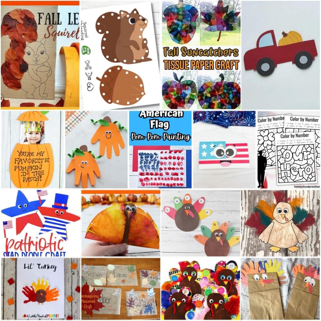 Collage of a variety of crafts to make in November with children. Includes patriotic, pumpkin, turkey, and general fall craft ideas.