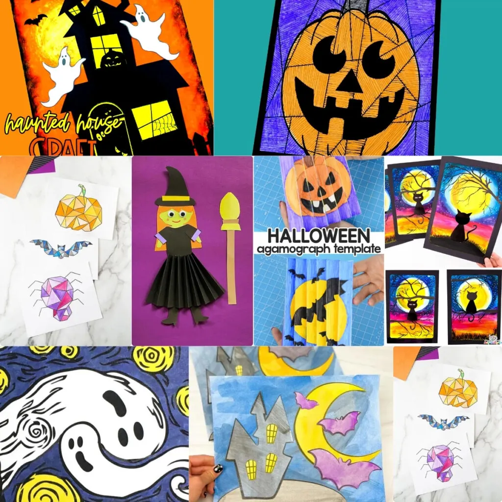 Square collage featuring nine different Halloween art projects using a variety of materials.