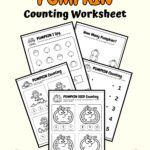 Orange and black text at the top says Pumpkin Counting Worksheet. Preview of five pumpkin-themed math worksheets with different ways to practice counting are fanned out on a light yellow background decorated with leaves and pumpkins.