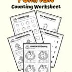 Orange and black text at the top says Pumpkin Counting Worksheet. Preview of five pumpkin-themed math worksheets with different ways to practice counting are fanned out on a light yellow background decorated with leaves and pumpkins.