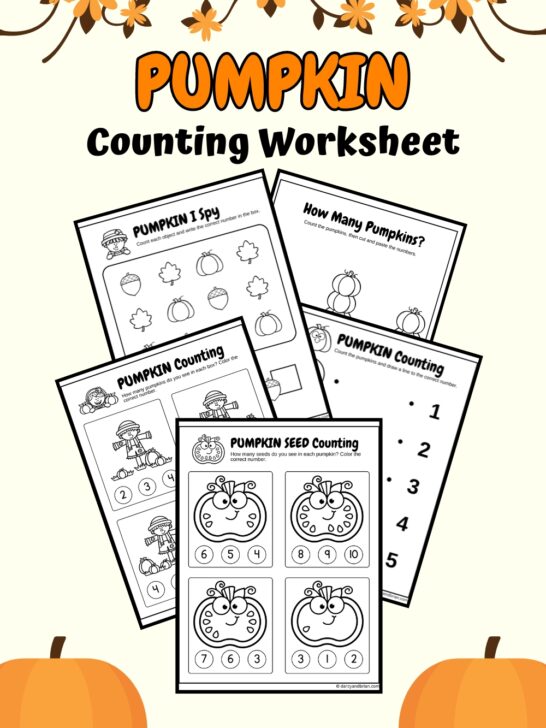 Orange and black text at the top says Pumpkin Counting Worksheet. Preview of five pumpkin-themed math worksheets with different ways to practice counting are fanned out on a light yellow background decorated with leaves and pumpkins.