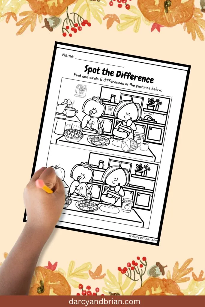 It has a worksheet to Spot the Difference of two pictures given where they have to find and circle. Placed in a pink background  with few Thanksgiving-themed decorations.