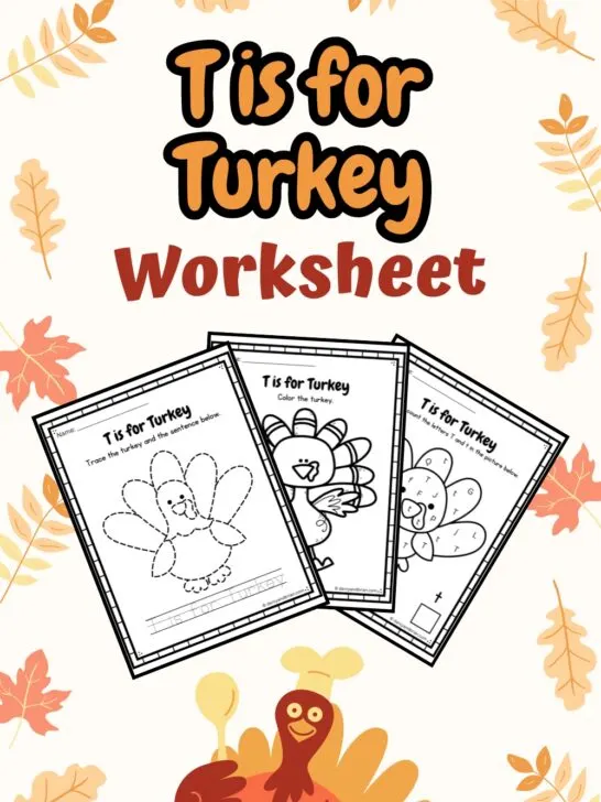 Worksheets with three pages placed in a Thanksgiving-themed background with some leaves and turkey design.