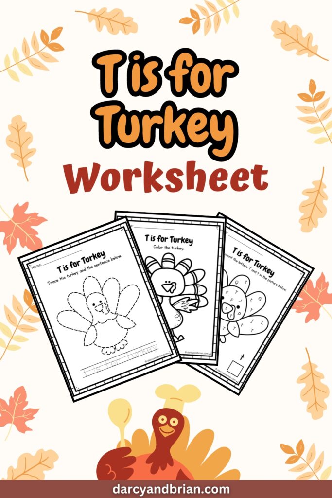 Worksheets with three pages placed in a Thanksgiving-themed background with some leaves and turkey design.