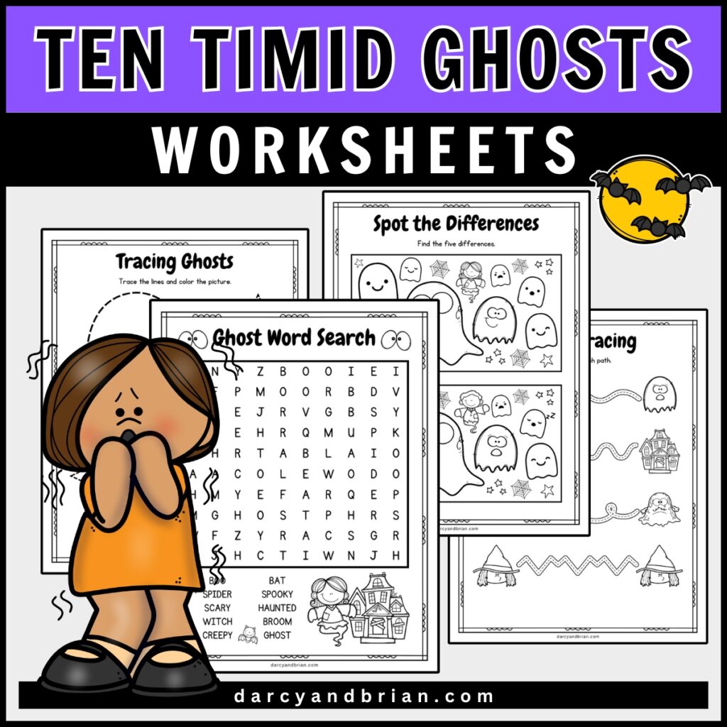 Preview of ghost themed word search, spot the difference activity, and tracing worksheets. All have a ghost theme to go along with a story book. 