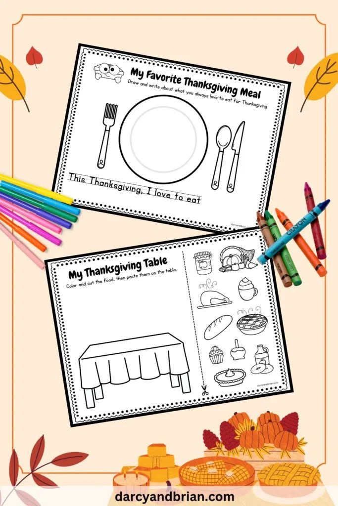 There are two printable pages placed in a pink background with some leaves, color pens, crayons, and food decorations for Thanksgiving holiday.