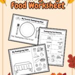 There are three worksheets placed in a pink background with some leaves and food decorations for Thanksgiving holiday.