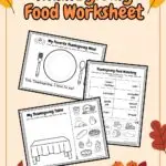 There are three worksheets placed in a pink background with some leaves and food decorations for Thanksgiving holiday.