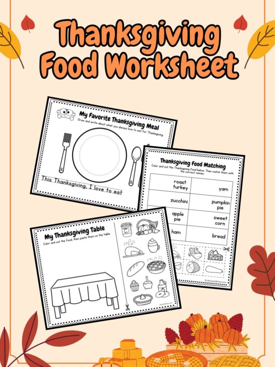 There are three worksheets placed in a pink background with some leaves and food decorations for Thanksgiving holiday.