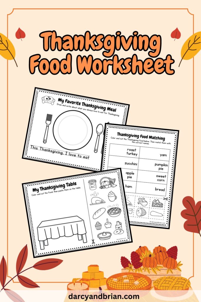 There are three worksheets placed in a pink background with some leaves and food decorations for the Thanksgiving holiday.