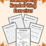 It has five Thanksgiving Handwriting worksheets placed on a pink background with some leaves as decoration.