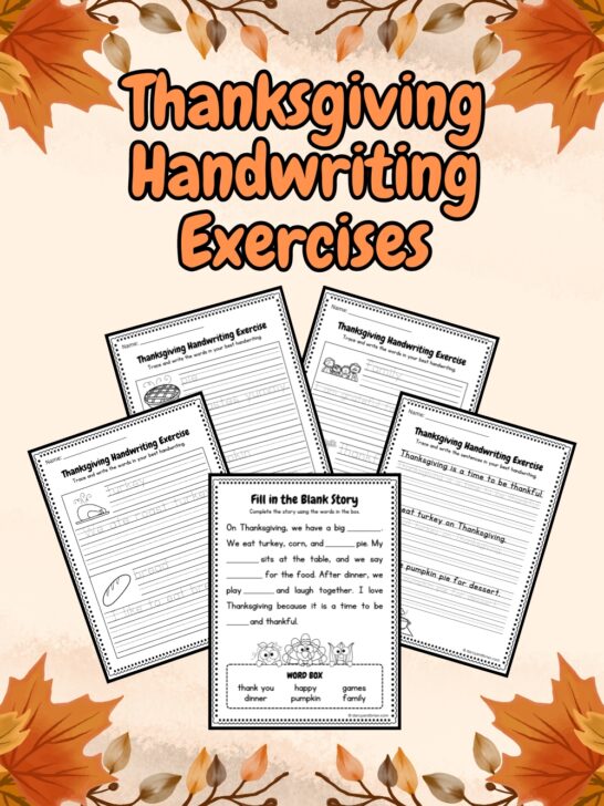 It has five Thanksgiving Handwriting worksheets placed on a pink background with some leaves as decoration.