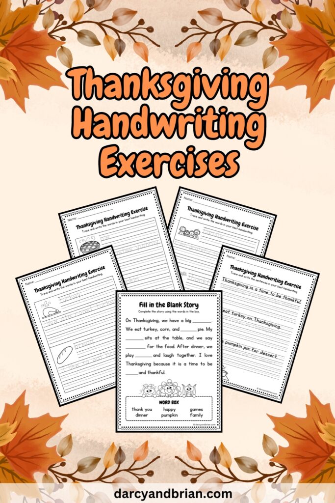 It has five Thanksgiving Handwriting worksheets placed on a pink background with some leaves as decoration.