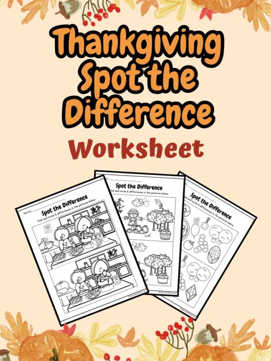 Three worksheet in the a pink background showcasing Thanksgiving Spot the Difference Worksheets for kids that comes with some Thanksgiving-themed decorations.