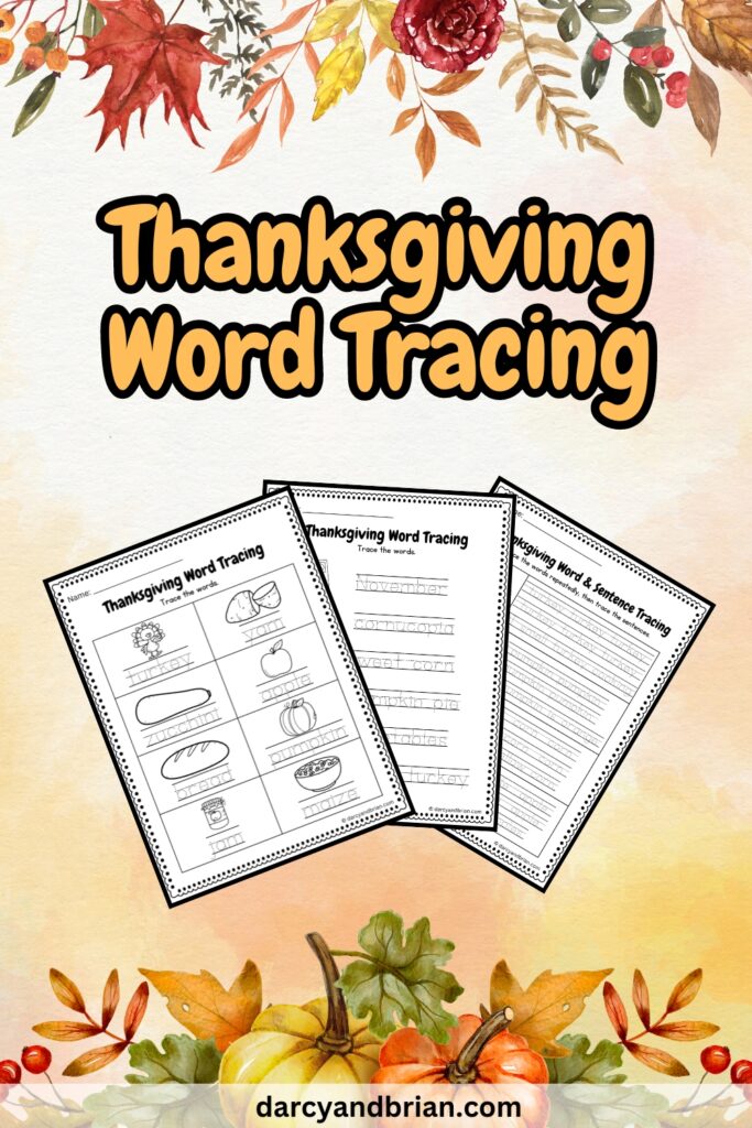 It has three pages placed in a light pink background with colorful leaves and pumpkins perfect for Thanksgiving-themed Tracing Activity.