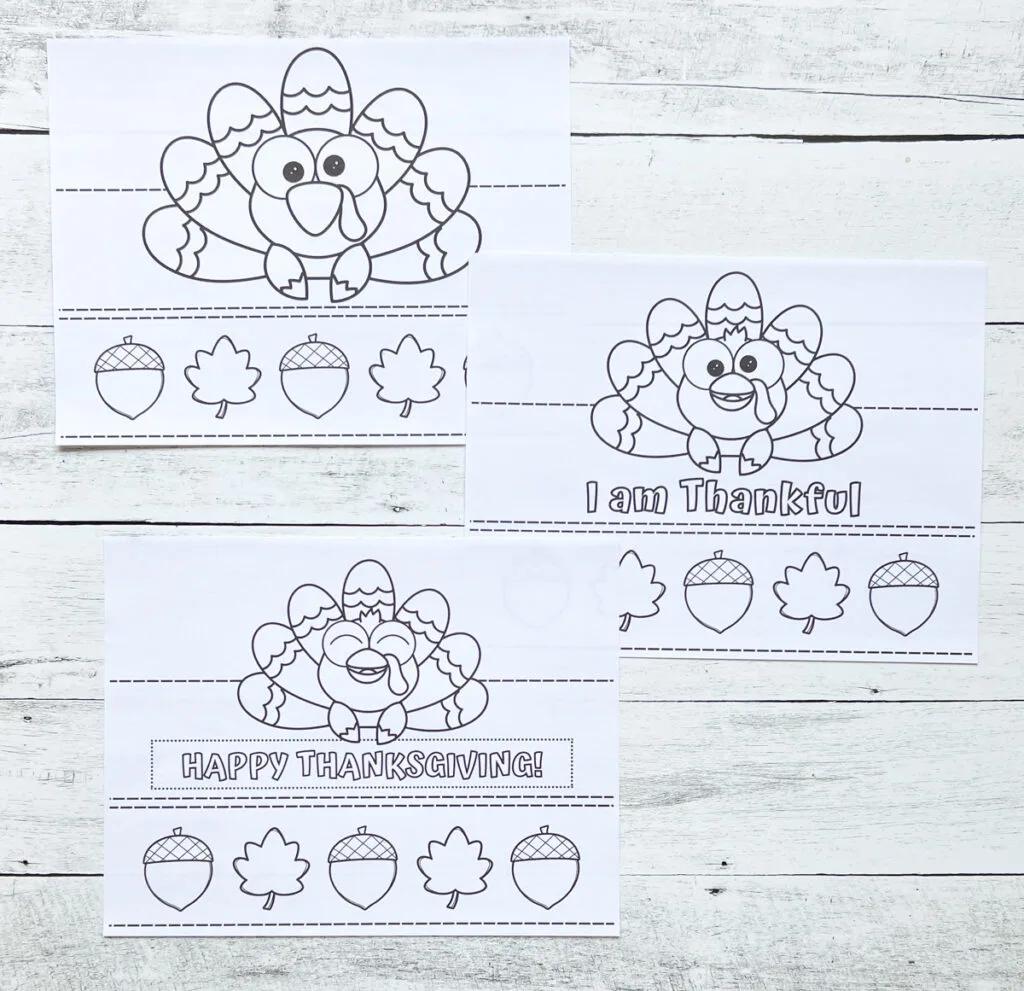 It has all the three pages printable for Turkey Crown Craft for Kids placed in a black and white wood background.