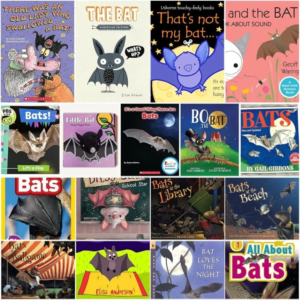 Collage of over a dozen book covers featuring bats.