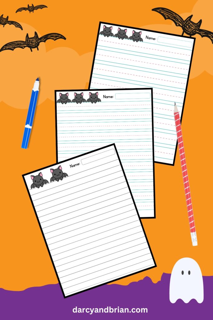 Three Bat-themed writing pages in an orange background with some pencils, marker, and bats as its design.