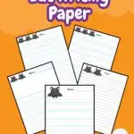 White text outlined in purple on an orange background says Bat Writing Paper. Five blank pages overlapping to show the printables.