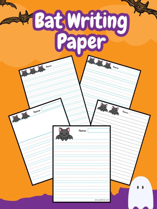 White text outlined in purple on an orange background says Bat Writing Paper. Five blank pages overlapping to show the printables.