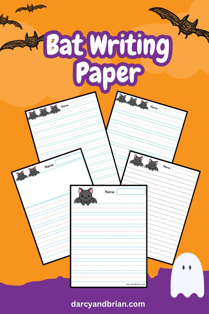 White text outlined in purple on an orange background says Bat Writing Paper. Five blank pages overlapping to show the printables.