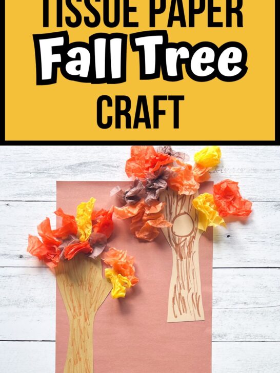 Two completed fall tree crafts made with construction paper and tissue paper.